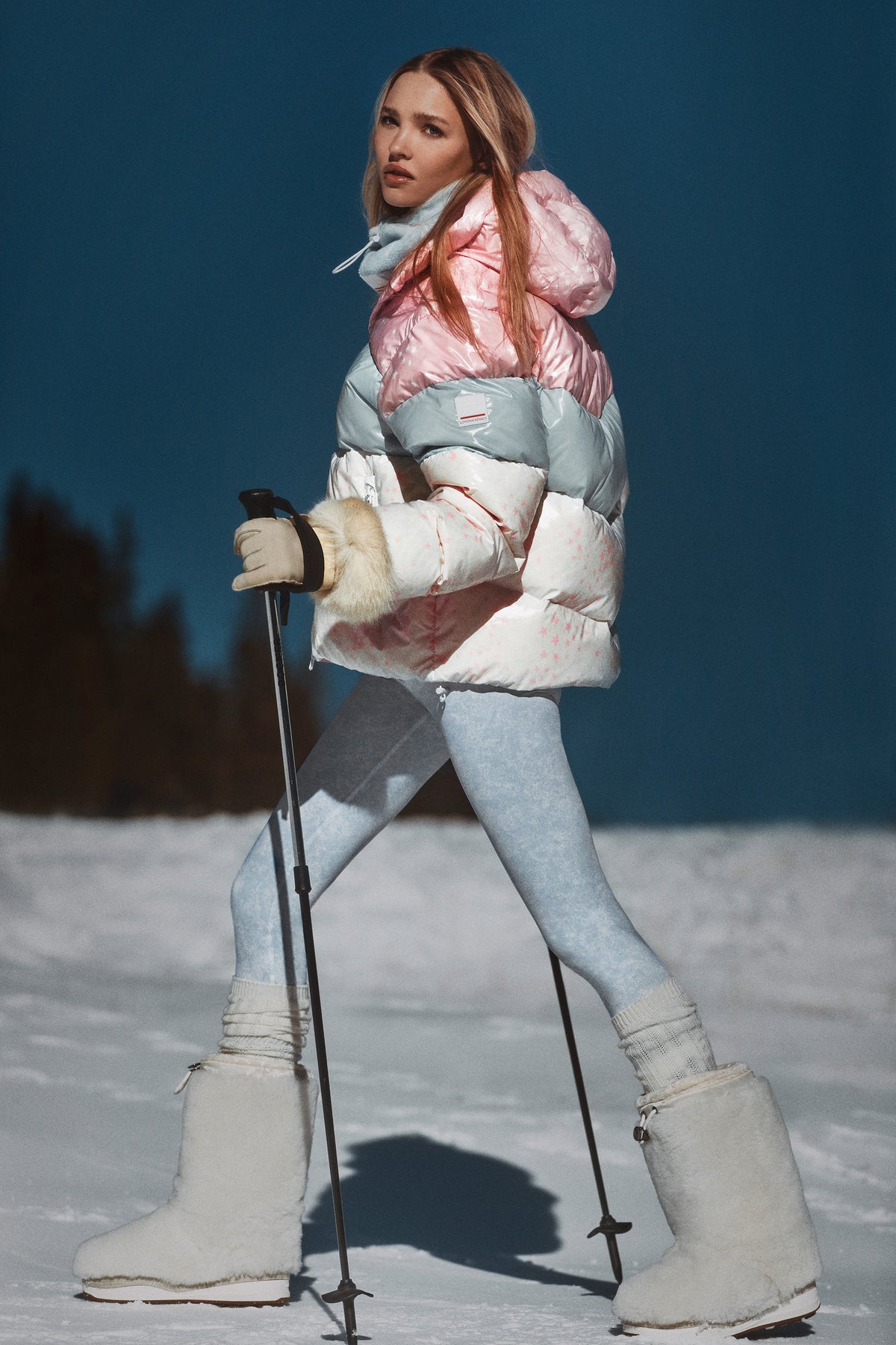 Color-block puffer jacket with faux-fur trimmed hood and cuffs, zip front, pockets.