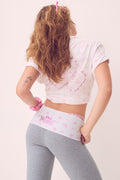 Pink cotton campus tee, back view with heart-shaped LoveShackFancy graphic
