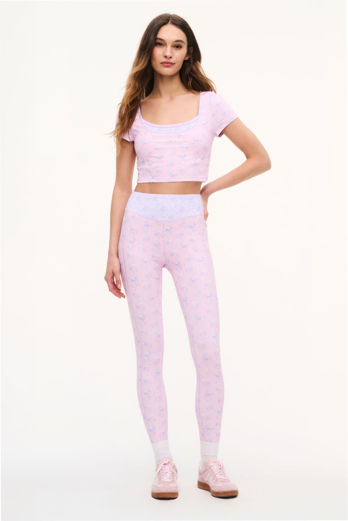 Light mauve mixed-print leggings with elastic waistband, full-length