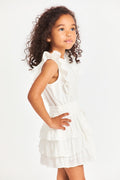 Girls white tiered ruffle dress, back/side view with gathered smocked waist
