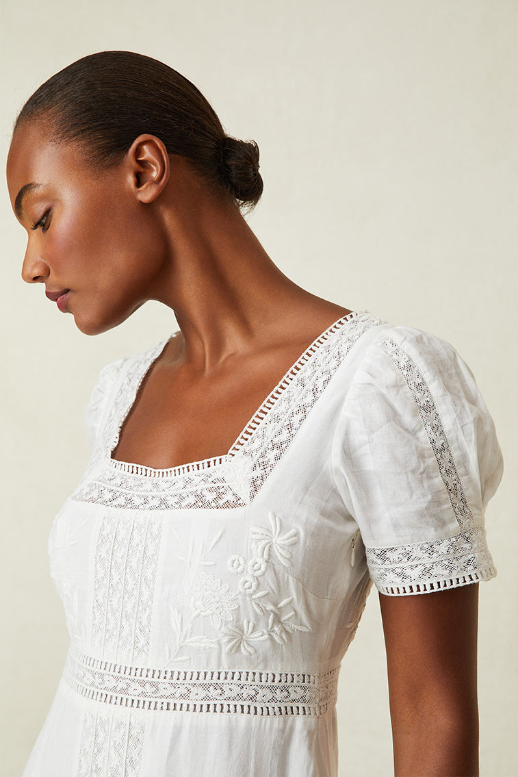 White Victorian maxi dress close-up from side: square neckline and puff sleeves