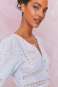 Light blue hand-dye lace maxi dress with V-neck and button front