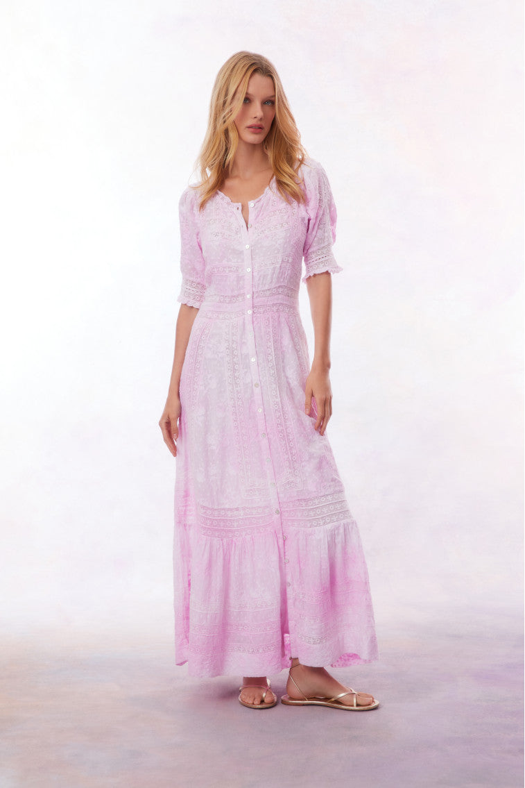Light pink maxi dress with V-neck, button front, and textured embroidered look