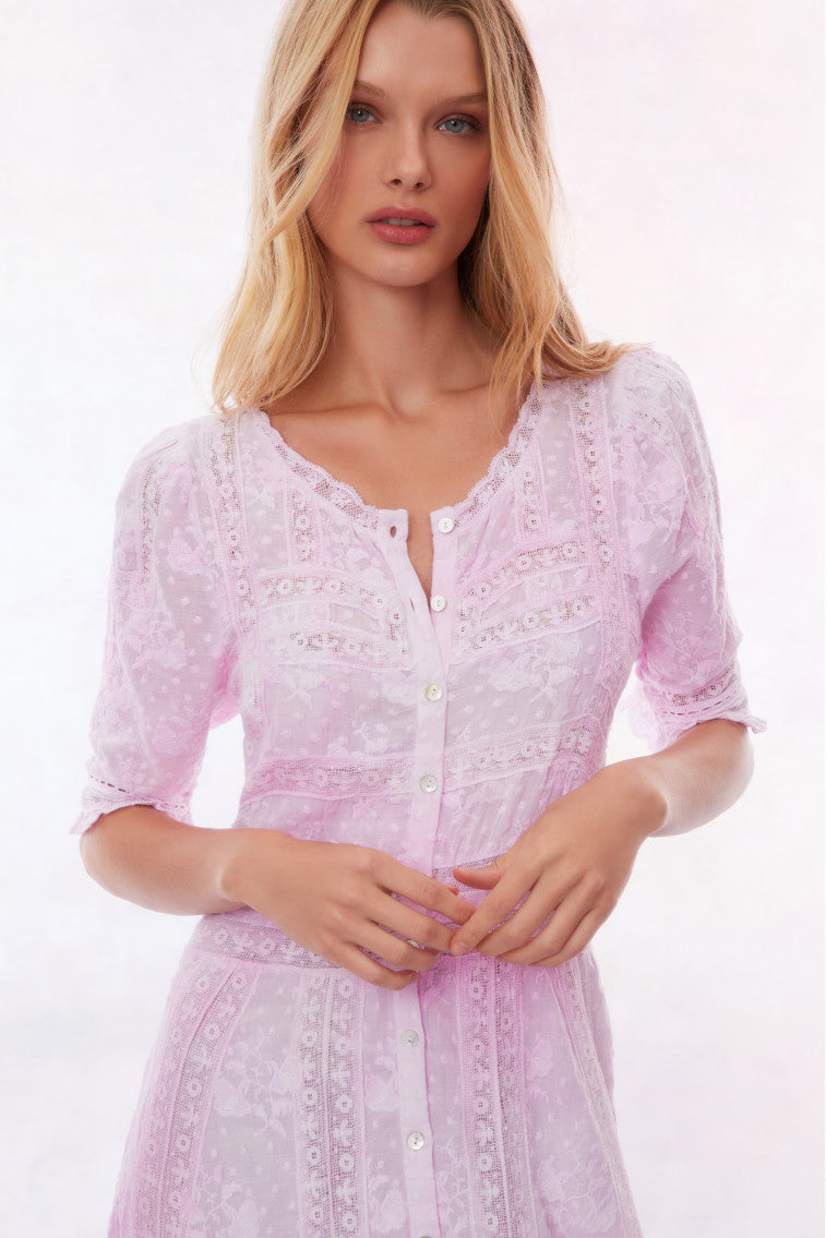 Peony pink maxi dress with lace-look trim, button front, and short sleeves