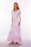 Peony pink V-neck maxi dress with button front and tiered skirt