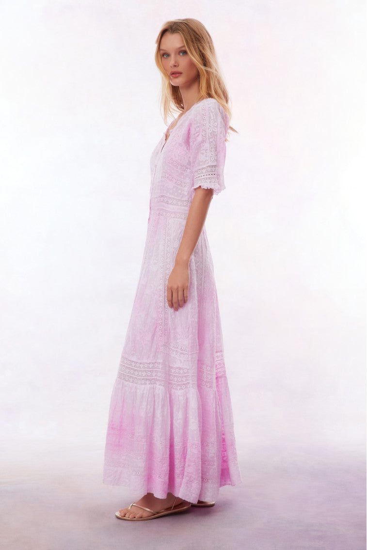 Peony pink maxi dress with lace-look sleeves and tiered skirt, side view