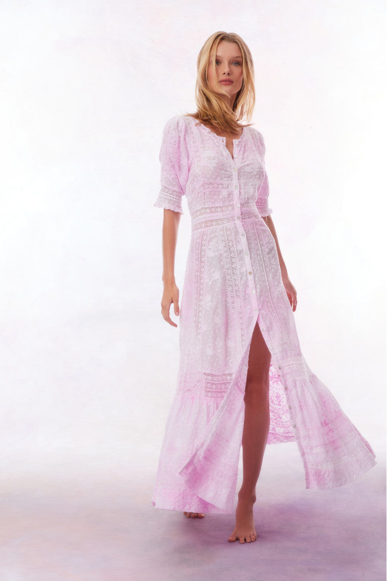 Light pink maxi dress with embroidered panels and front slit, V-neck button style