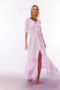 Light pink maxi dress with embroidered panels and front slit, V-neck button style