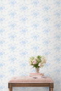 Light blue and white feathered floral wallpaper with soft watercolor pattern