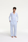 Men's blue patterned long-sleeve pajamas with button-front shirt and full-length pants