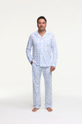Men's blue patterned long-sleeve pajama set with button-front shirt and full-length pants