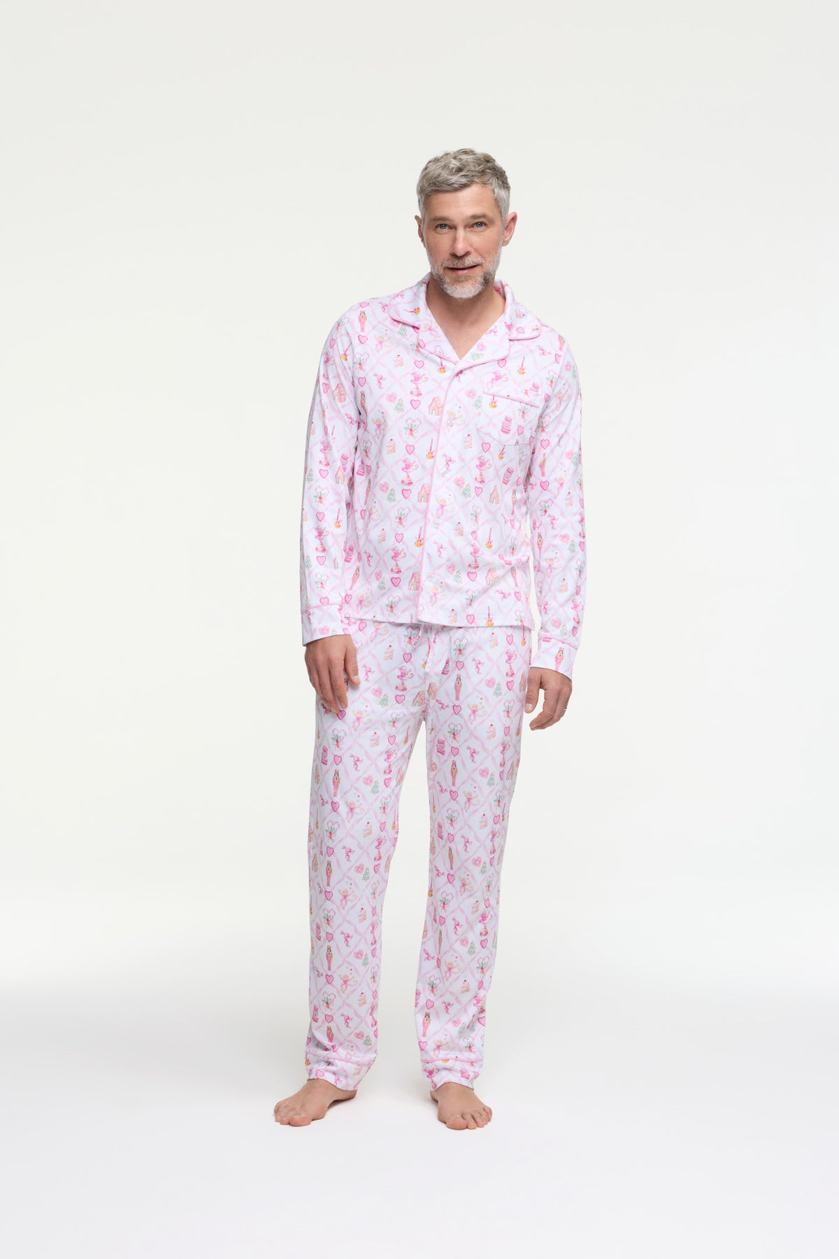Men's pink printed long-sleeve polo pajama set with matching pants and cuffs