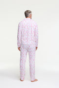 Men's pink printed long-sleeve polo pajama set, relaxed fit back view