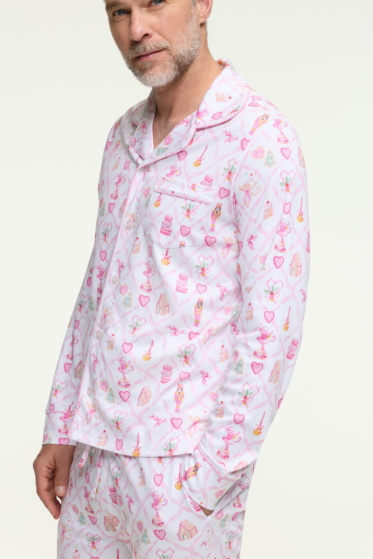 Men's pink printed long-sleeve polo pajama top with collar and button placket
