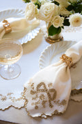 White dinner napkin set of 4 with gold ribbon embroidery and scalloped edge