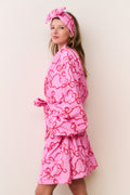 Pink cotton bath robe with allover bow print, tie belt and hood