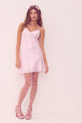 Pink lace-trim satin mini dress with spaghetti straps