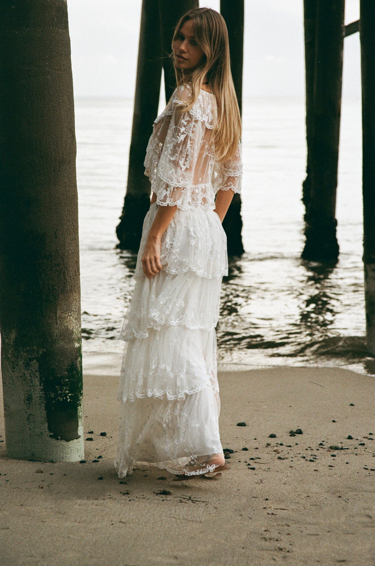 Ivory embroidered mesh tiered maxi skirt with scalloped ruffle tiers