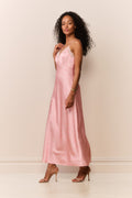 Pink maxi slip dress with lace bodice, spaghetti straps, and tiny allover print.