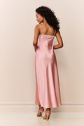 Pink maxi slip dress with thin spaghetti straps and allover tiny print.