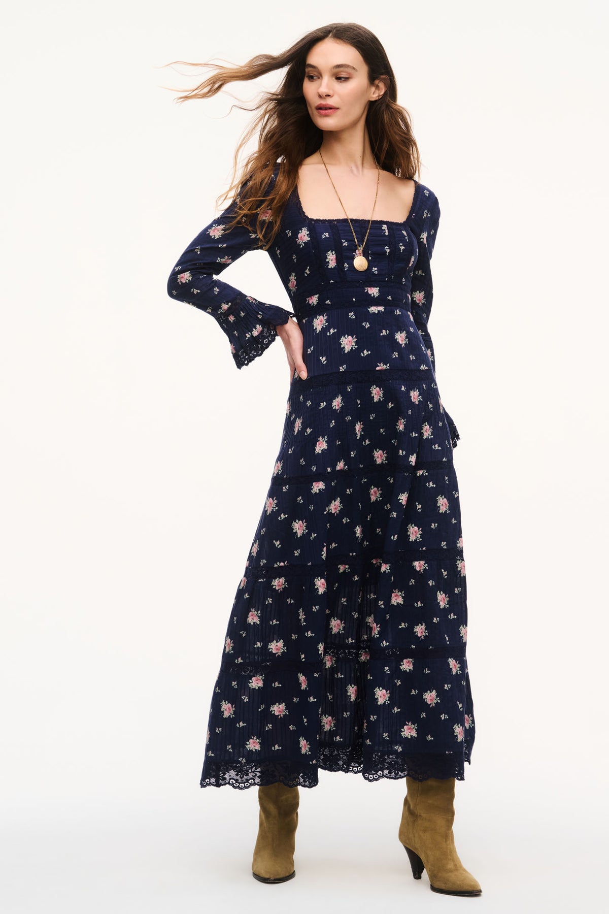 Navy floral cotton maxi dress with square neckline, long sleeves, tiered skirt