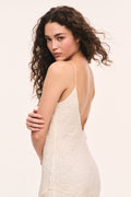 White burnout velvet maxi dress with lace-like burnout texture and V-back