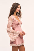 Antiqued blush satin mini dress with lace long sleeves and lace-trim hem