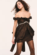 Dark mini dress with off-shoulder ruffled sleeves and silver waist band