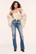 Auraveyn lace ruffle cami worn look, off-white lace with ruffled neckline trim