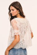 Sheer lace top with V-neck front and detailed lace back, alabaster