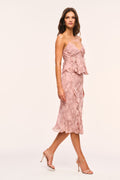 Pink snakeskin print midi skirt with tiered ruffle hem