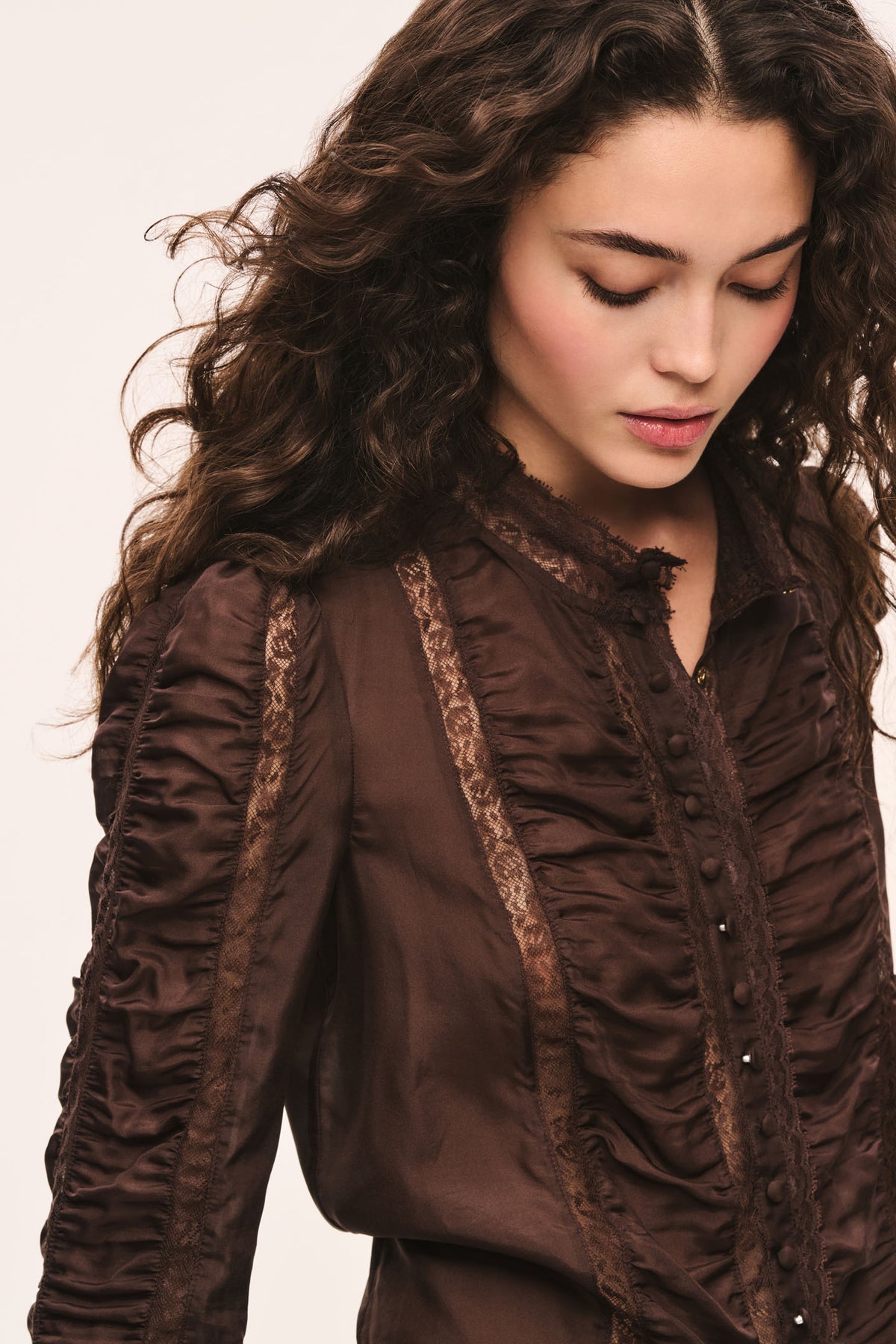 Dark brown ruched silk lace blouse with button front and stand collar