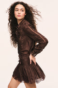Dark brown silk lace blouse with ruffled button placket and lace cuffs