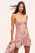 Mauve pink snakeskin-print mini dress, cowl neckline, spaghetti straps, ruffled skirt