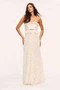 Alabaster lace strapless maxi dress with layered ruffle bodice