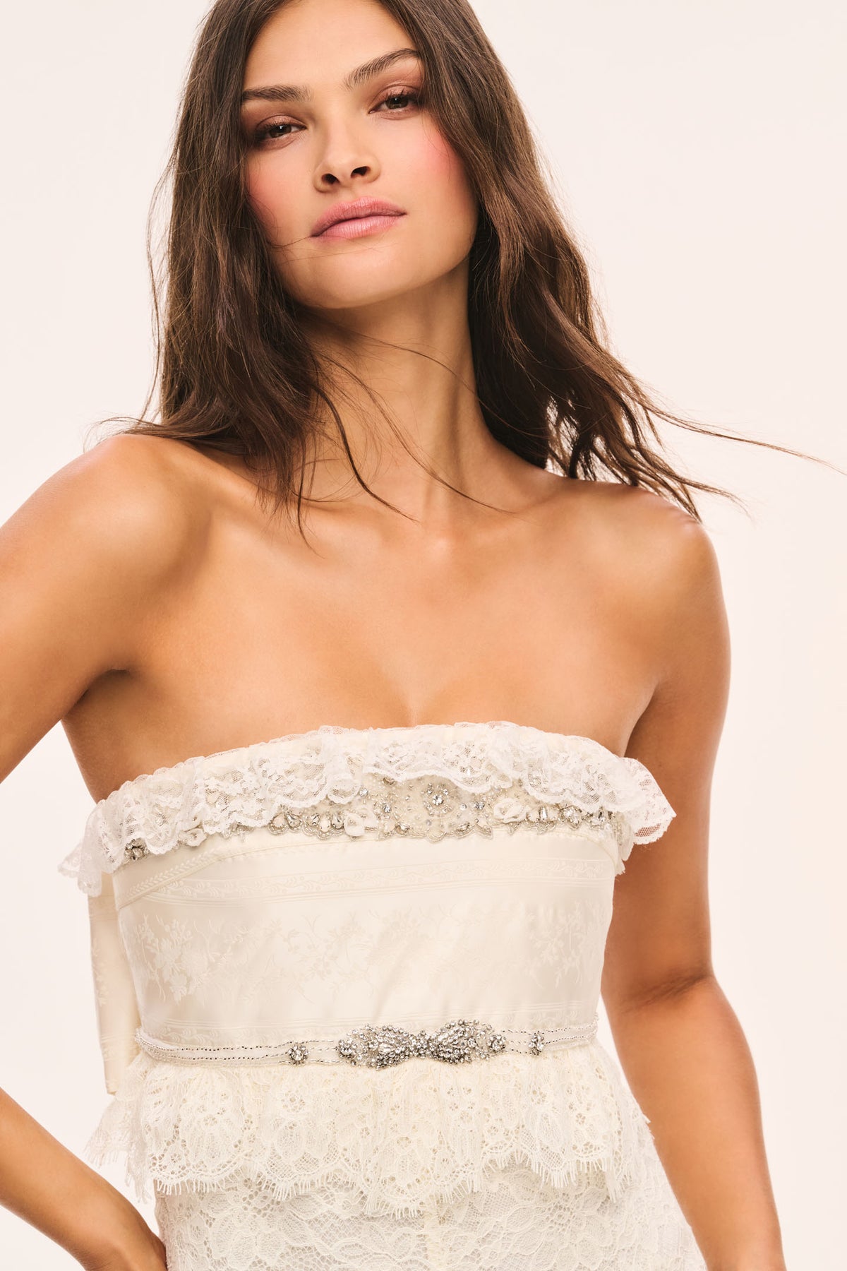 Alabaster strapless lace maxi dress with scalloped lace-trim bodice