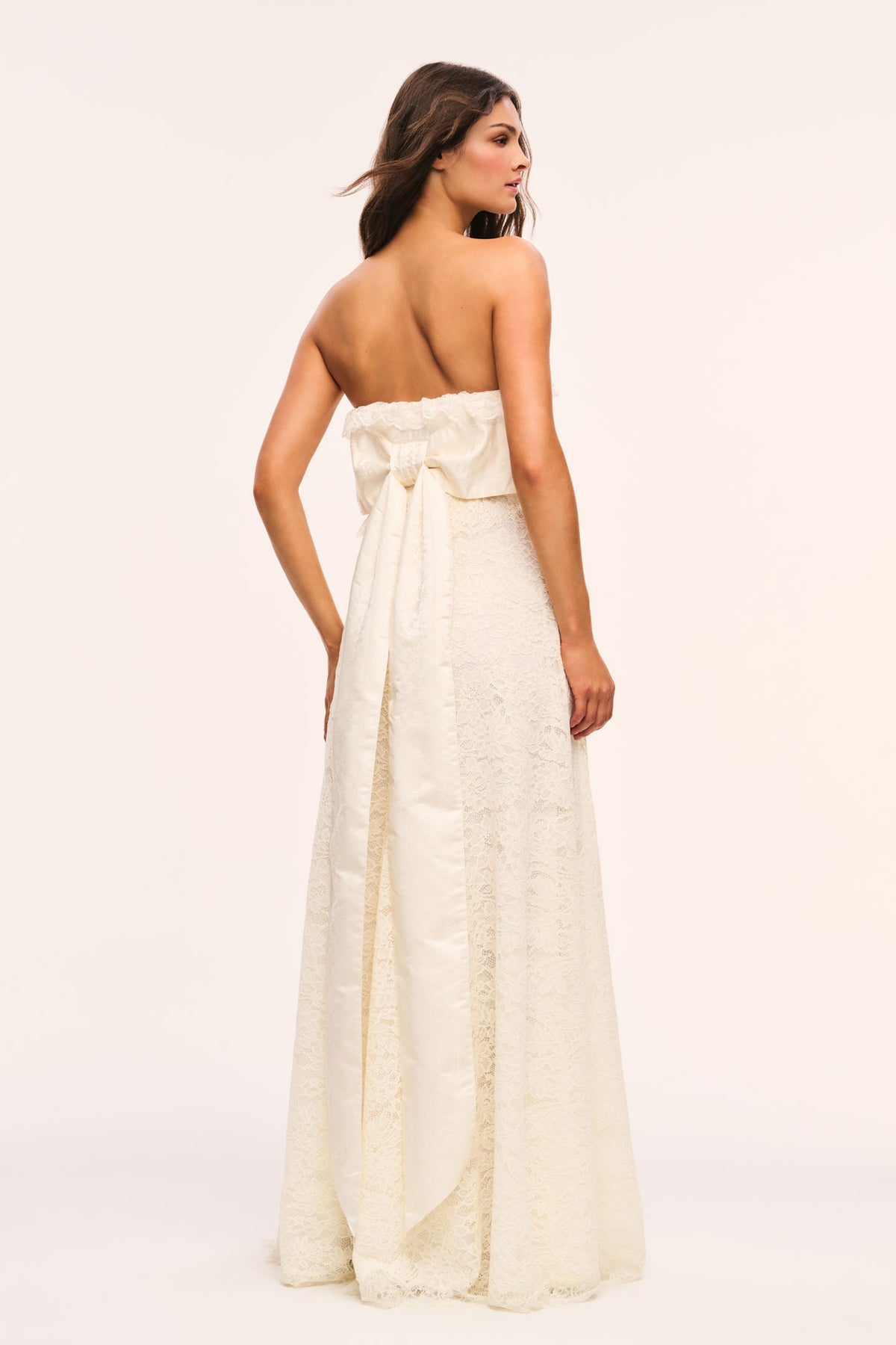 Alabaster lace strapless maxi dress with gathered waist, back view