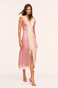 Pink satin midi dress with cream lace V-neck, cap sleeves, and front slit