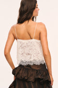 Auraveyn lace ruffle cami back view, off-white lace with thin spaghetti straps