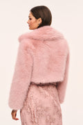 Cropped faux fur jacket, light mauve with collar, back view