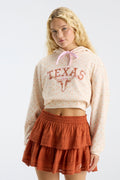 Cream floral hoodie back view with 'TEXAS' graphic lettering and drawstring hood