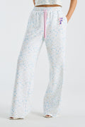 Ilyra sweatpants in light blue speckle print, pink drawstring, wide leg with cuffs