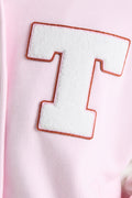 Fanatics x LoveShackFancy pink varsity jacket with white T patch