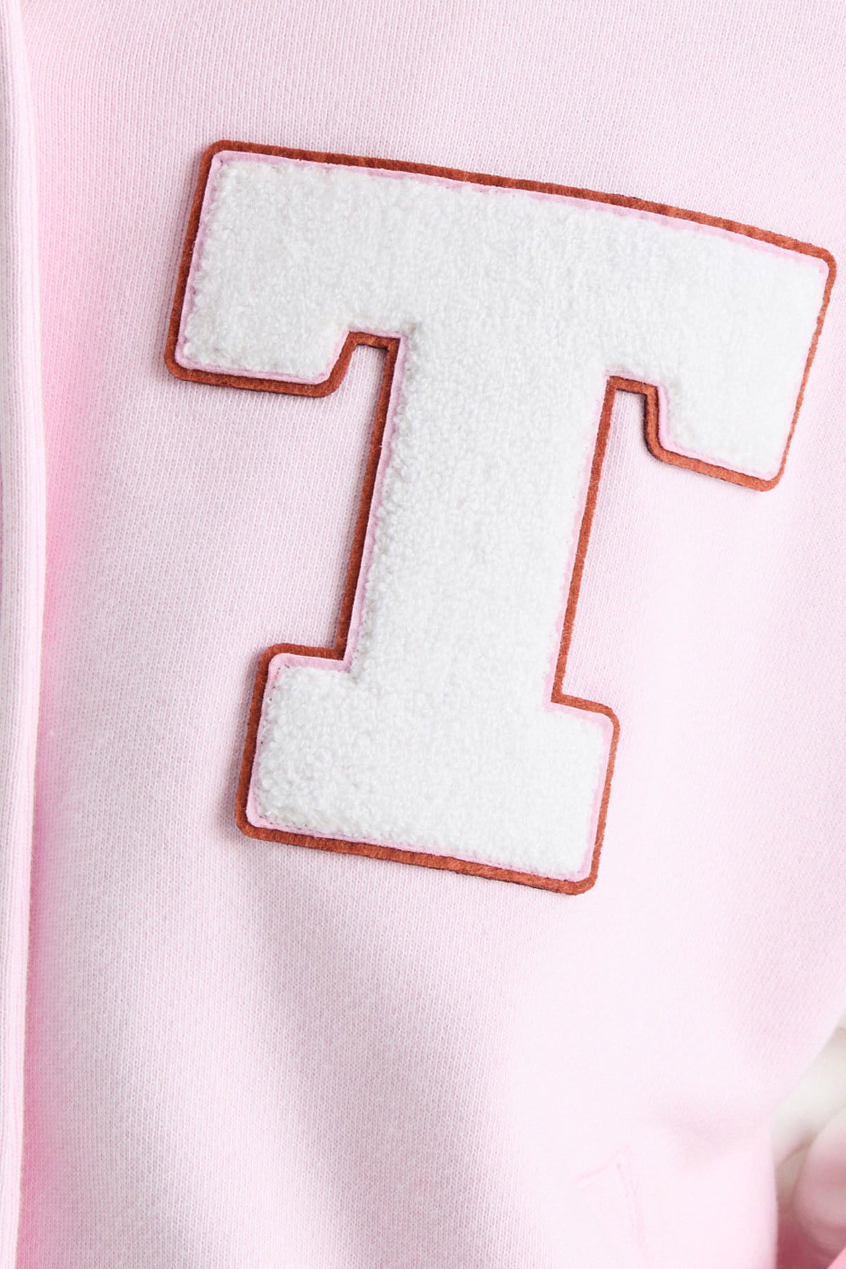 Fanatics x LoveShackFancy pink varsity jacket with white T patch