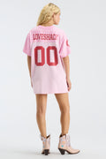 Pink jersey varsity crush dress with back LOVESHACK and 00 graphic, side view