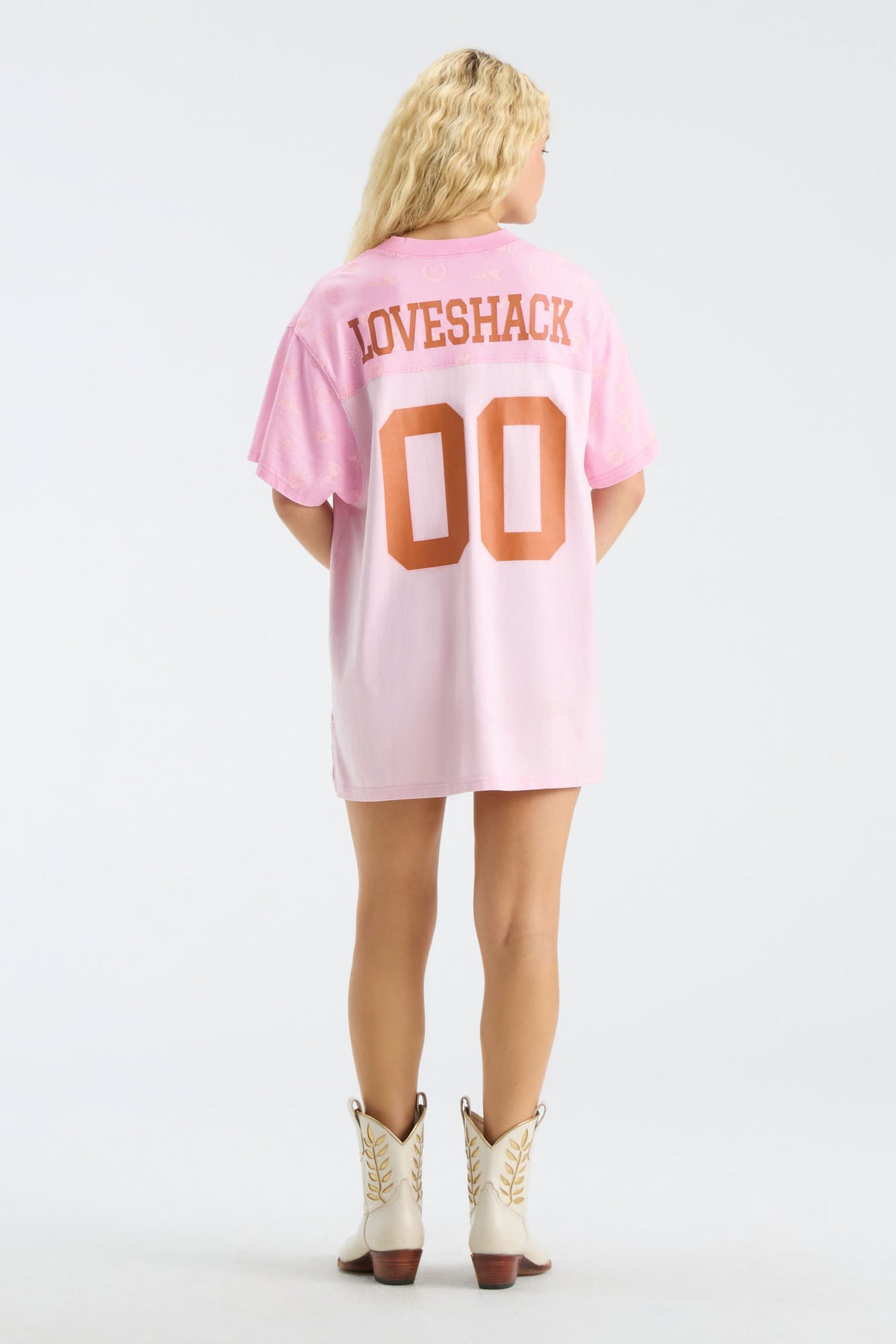 Pink jersey varsity crush dress with back LOVESHACK and 00 graphic, full body view