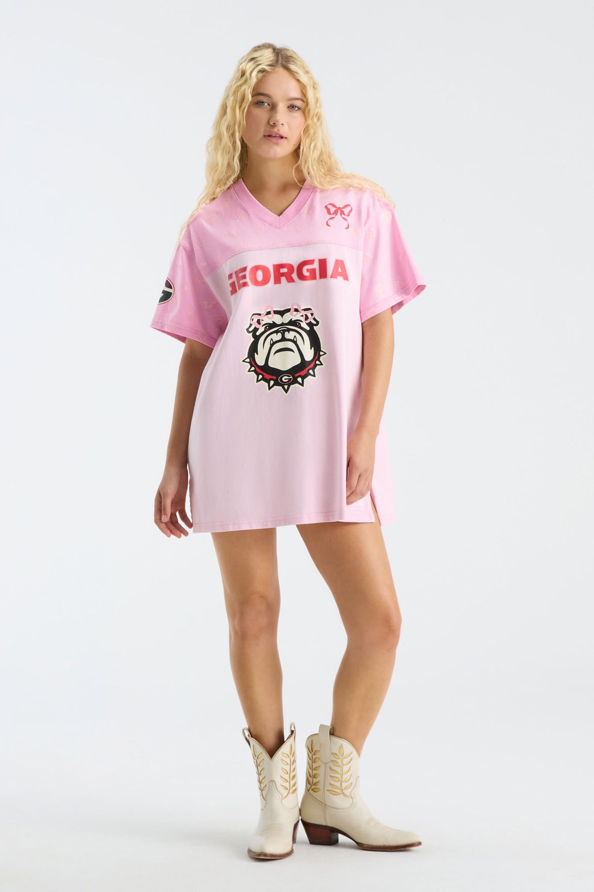 Pink varsity jersey dress with Georgia text and bulldog mascot graphic front