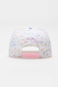 White floral baseball cap with pink cursive logo