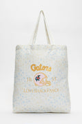 Light blue tote bag with all-over speckle pattern and printed team logo