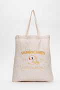 Light tan tote bag with Hurricanes lettering and football logo, long handles